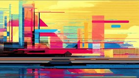 Abstract glitch city skyline background with colorful pixel distortion, geometric urban blocks and horizontal scanline interference in yellow, pink and cyan, futuristic digital cityscape style motion backdrop - Powered by Shutterstock - Get 15% off with code: PIKWIZARD15