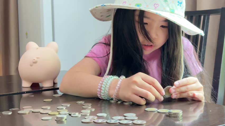 An East Asian girl is counting money from her piggy bank alone in the dining room.