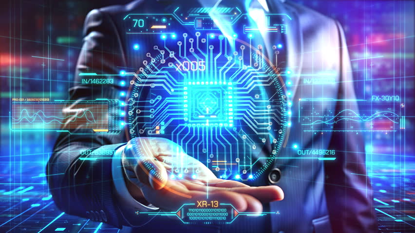 Businessman holding a futuristic microchip and circuitry with data graphs - Powered by Shutterstock - Get 15% off with code: PIKWIZARD15