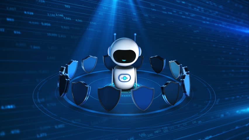 Security Bot Digital Shields AI powered robot digital shields, automated cybersecurity protection. robot tech innovation. cybersecurity machine learning threat detection, automated. 3D Illustration