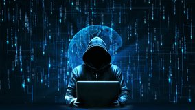 Hooded hacker in dark room matrix code security breach hacking cyber internet virus web criminal identity crime on screen attack man privacy system thief cyber security protection. 3D Illustration - Powered by Shutterstock - Get 15% off with code: PIKWIZARD15