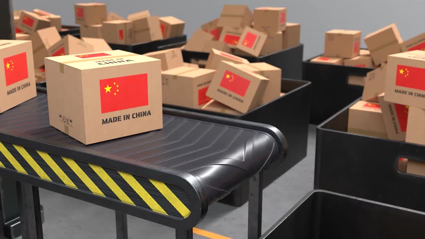 Made in China products on conveyor belt, Chinese goods moving on automated system