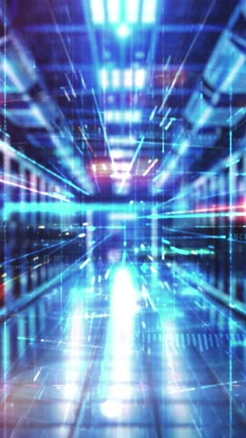 Animated server room with digital data stream