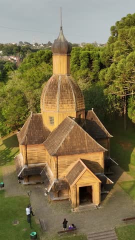 Curitiba, Brazil. Aerial view of Tingui Park with Ukrainian Memorial at brazilian city of Curitiba, state of Parana, Brazil. Vertical video.