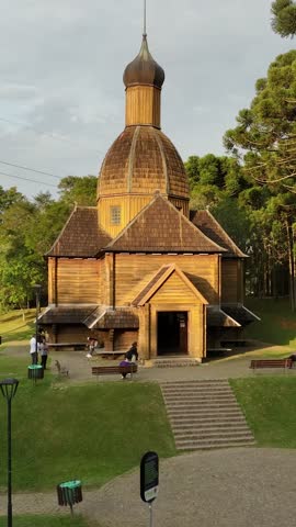 Curitiba, Brazil. Aerial view of Tingui Park with Ukrainian Memorial at brazilian city of Curitiba, state of Parana, Brazil. Vertical video.