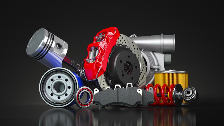 Car parts or auto car spare for maintenance on black background. 3D Illustration