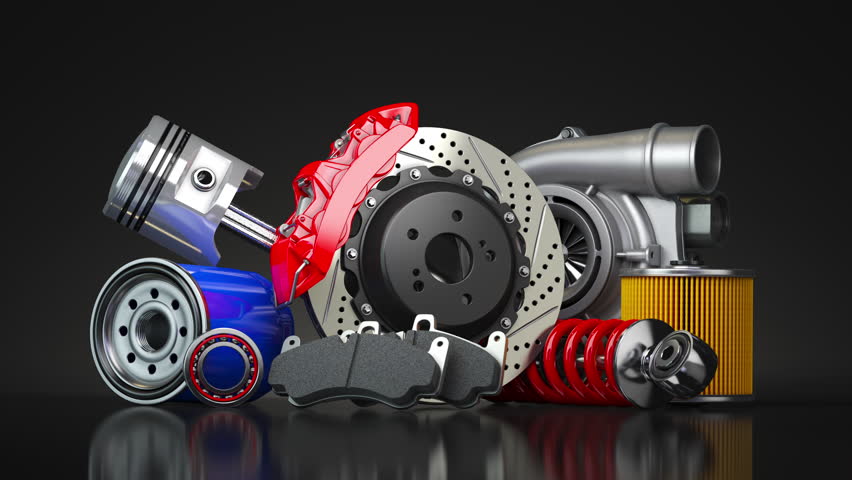 Car parts or auto car spare for maintenance on black background. 3D Illustration