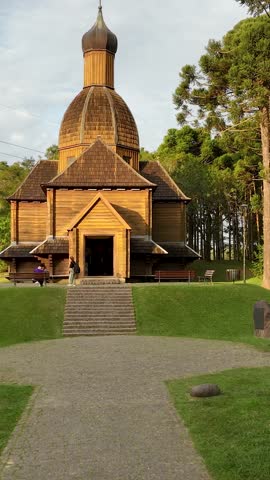 Curitiba, Brazil. Aerial view of Tingui Park with Ukrainian Memorial at brazilian city of Curitiba, state of Parana, Brazil. Vertical video.