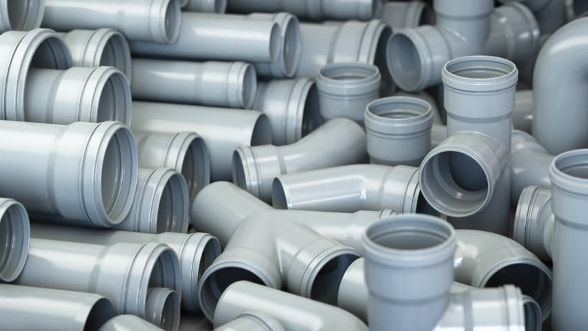 PVC plastic pipes and tubes for sewage systems in warehouse. 3d animation. 3D Illustration