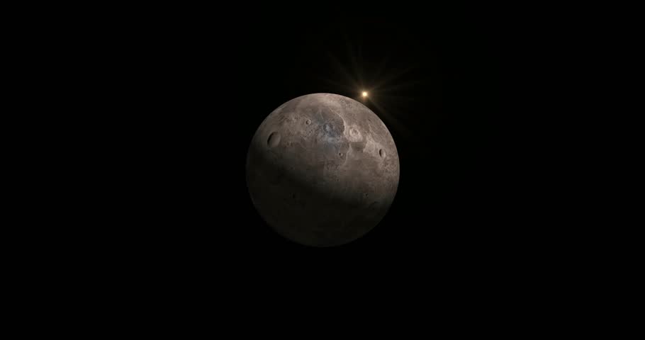 Ceres Cinematic  Zoom In View of a Fictional Rocky Planet with Star in Deep Space. A cinematic rendering of Ceres, a fictional rocky planet floating in the vast darkness of space.