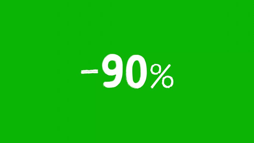 Animated white discount lettering for the “-90%” promotion in a sloppy font on a green screen on a chromakey background