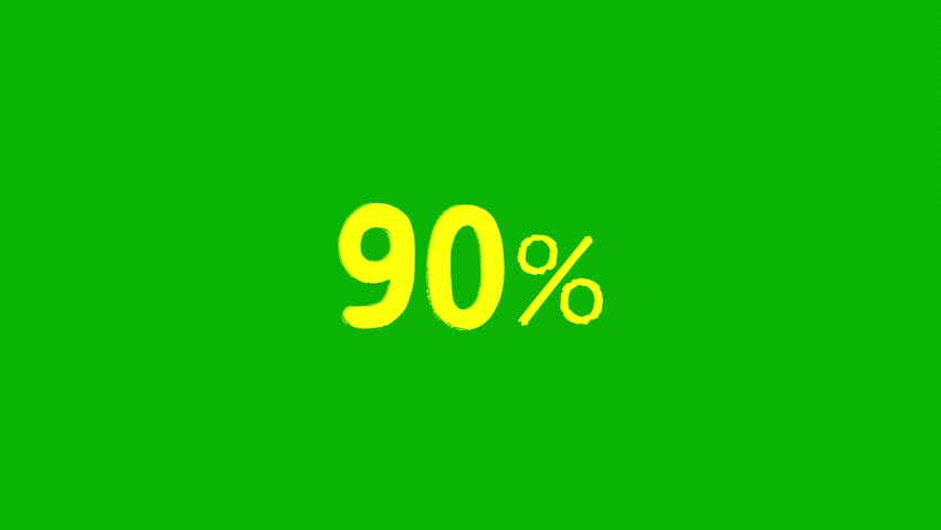 Animated yellow “90%” discount text in a sloppy, hand-drawn style on a bright green screen chroma key background. The playful, bold design is perfect for sales promotions, Black Friday ads, marketing 