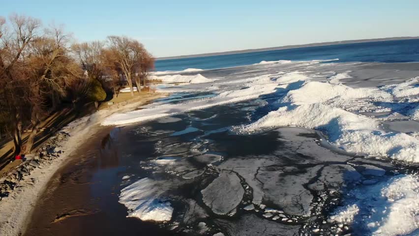 Aerial View of Dramatic Ice Shoves on Lake Winnebago Shoreline 