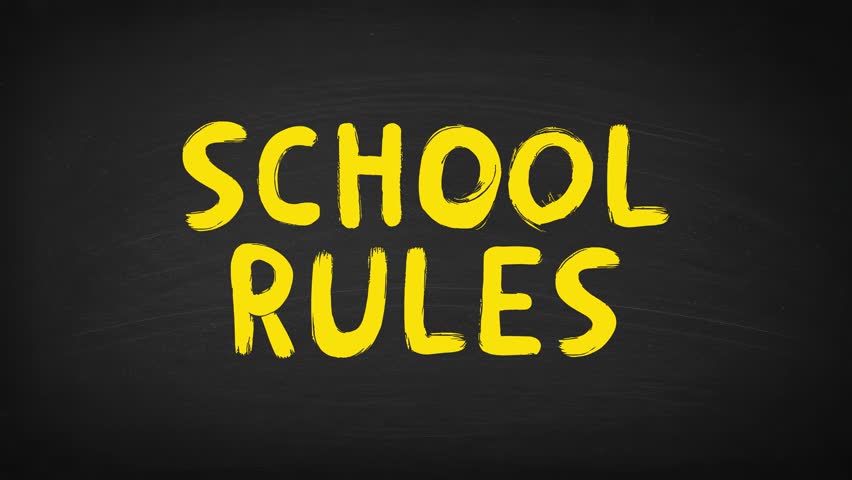 2D animation of yellow hand-drawn text "SCHOOL RULES" appearing on a chalkboard background. The playful, childlike font and classroom vibe make it ideal for educational videos, school promos, or back-