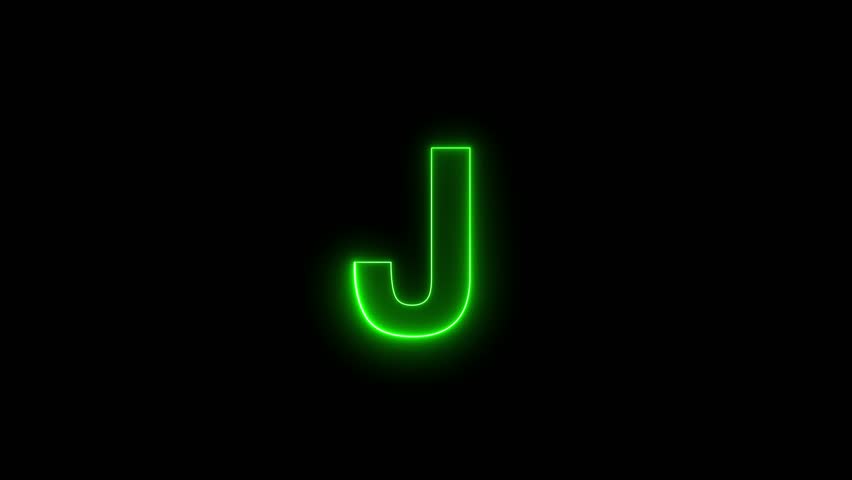 Neon font letter J uppercase appears after some time, Animated neon alphabet symbol on black background, Letter J Neon Futuristic Effect, Trendy Glow Lighting, 4K Video Animation