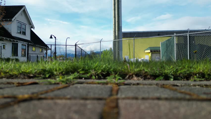 Terrace BC on sunny spring evening, via rail skeena, terrace train station drone aerial