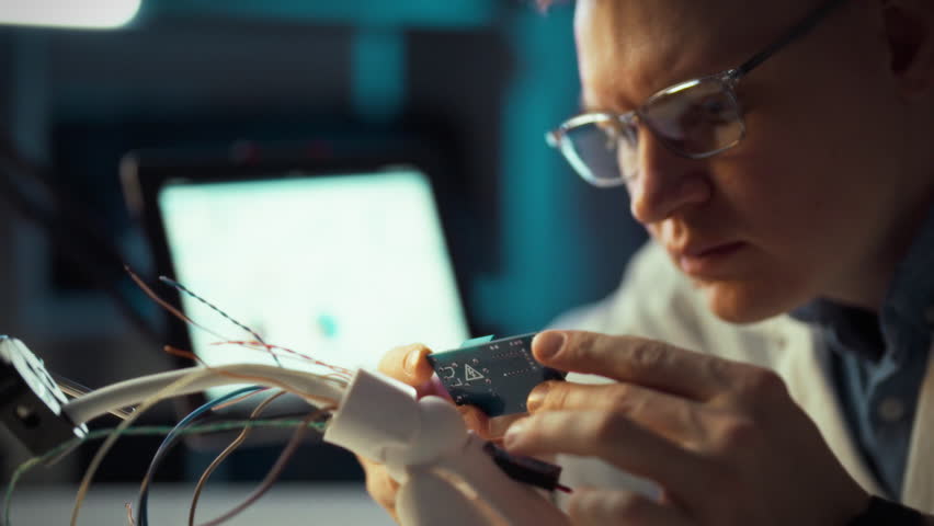 A technician focuses intently on assembling and examining electronic components, surrounded by wires and tools in a dimly lit tech lab. The activity highlights a practical approach to electronics