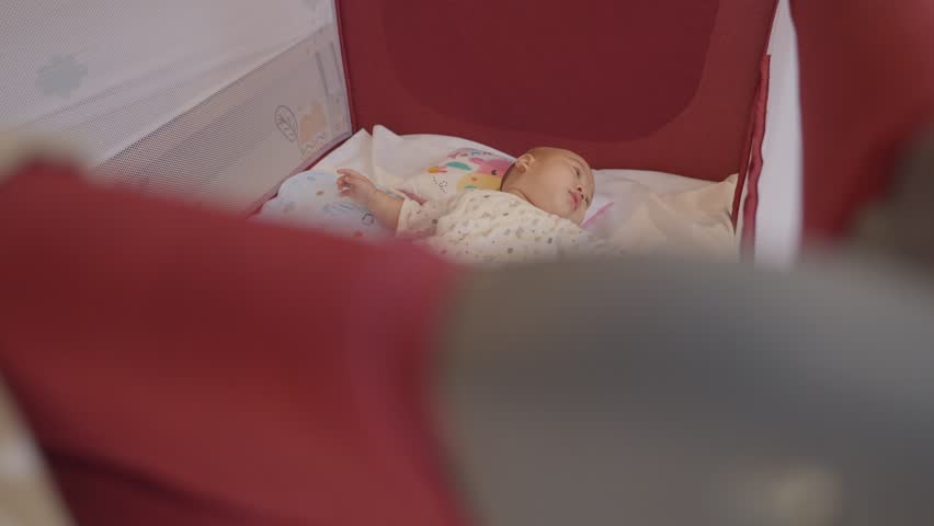 A serene image of a baby peacefully sleeping in a cozy crib, surrounded by soft blankets. The warm tones and gentle setting create a comforting atmosphere.