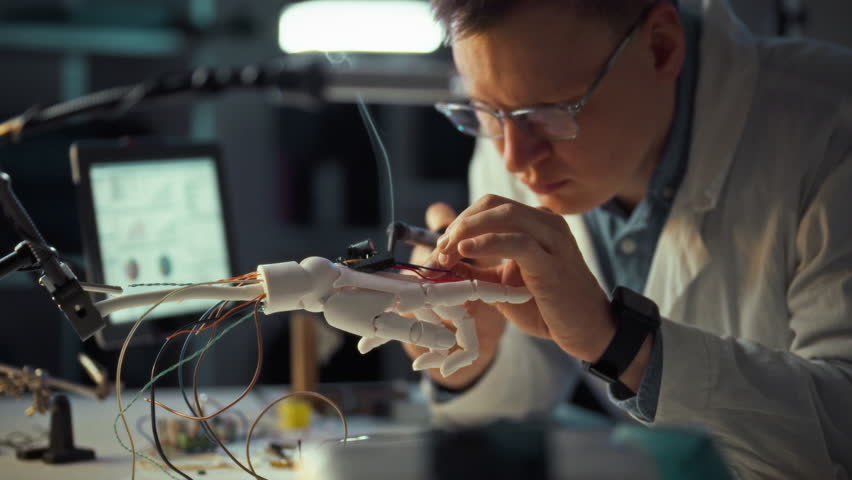 A researcher meticulously works on a robotic hand, connecting wires and components in a modern laboratory. The task is part of an innovative project focused on robotics and automation