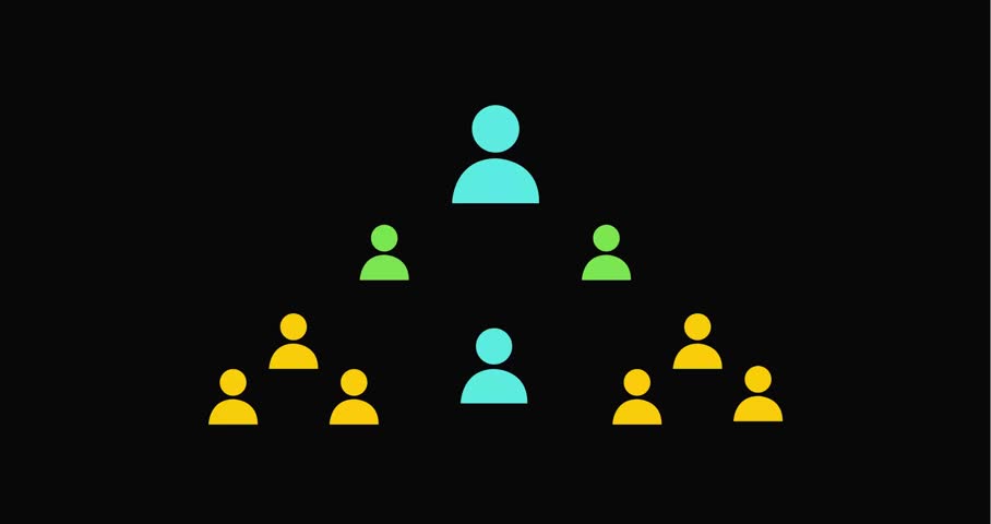 Knowledge sharing network animation. Central figure spreads ideas in a connected learning hierarchy. Education, communication, and idea distribution concept