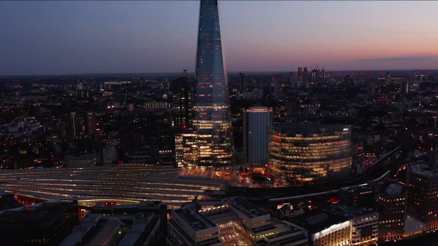 Aerial view of the Shard building, a 72-story skyscraper and the tallest building in the UK.