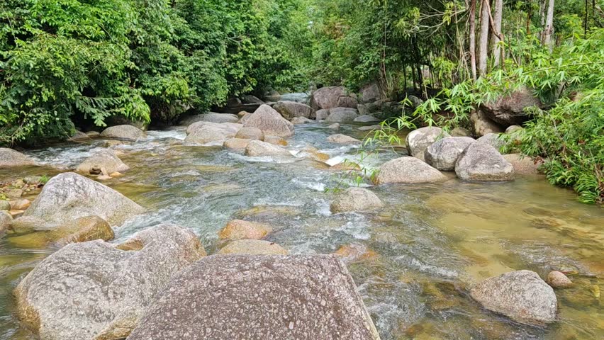 The river flows gracefully through the landscape, its crystal-clear water shimmering under the sunlight. Gentle ripples dance across the surface, reflecting the blue sky and green trees along the bank