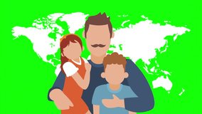 Father son and daughter, world map icon, symbol. Family life, human rights, identity, relationship concept. Slow motion vector animation, motion graphic video footage. Isolated green screen background - Powered by Shutterstock - Get 15% off with code: PIKWIZARD15