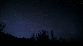 Time lapse of Stars create circular trails in the night sky above a dark silhouette of trees, showcasing the beauty of astrophotography during nighttime in a secluded forest setting. - Powered by Shutterstock - Get 15% off with code: PIKWIZARD15