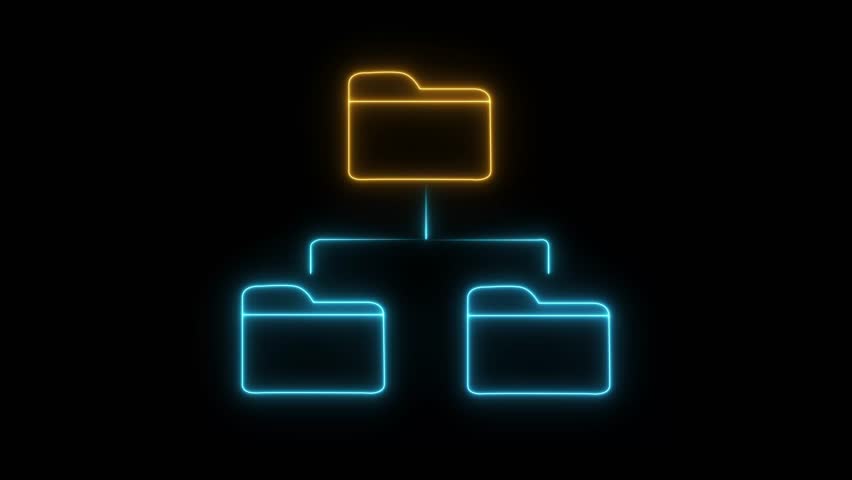 Neon File Sharing Network Icon glowing animation on black background. Networked folder system.
