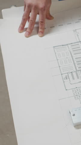 Vertical shot of hands of anonymous architects drawing on blueprint at construction site