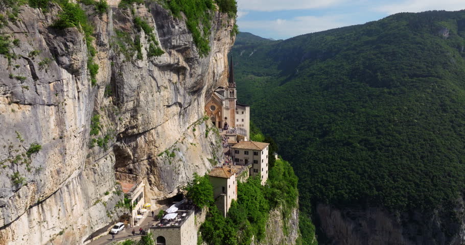 Cliffside Sanctuary Of Madonna della Corona In The Province of Verona, Italy. Aerial Drone Shot