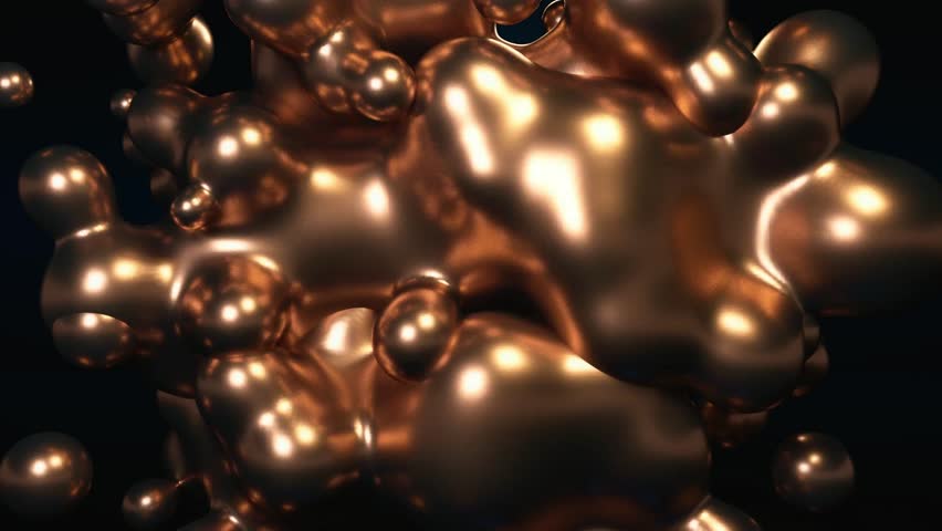 Abstract animation of molten gold spheres slowly morphing and flowing. Luxurious, elegant metallic forms create captivating background for sophisticated visuals, branding, or events