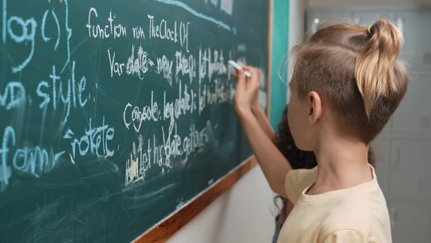 Diverse student studying coding engineering prompt while writing answer on blackboard. Intelligence children planning and learning about coding development plan. Successful boy sharing idea. Pedagogy. - Powered by Shutterstock - Get 15% off with code: PIKWIZARD15