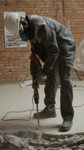 Vertical shot of male construction worker in goggles, hardhat and respirator using jackhammer while destroying floor on worksite