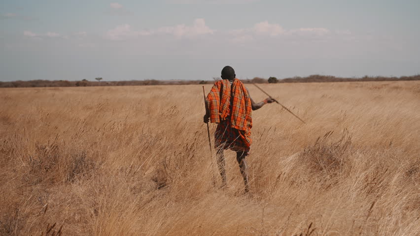 Masai Warrior Throwing Spear in African Savannah