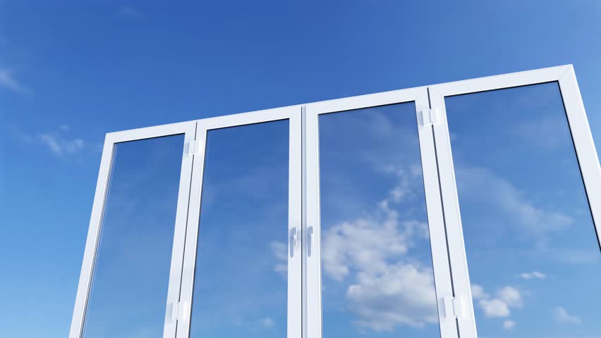 White folding glass door opening gradually on blue sky with clouds background