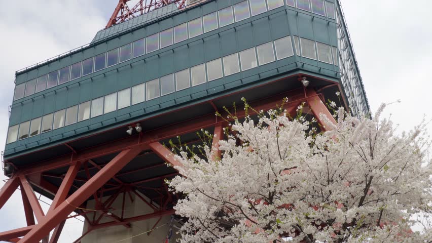 Sapporo TV Tower on a cloudy day in Hokkaido, Japan. A symbolic landmark surrounded by city buildings and muted skies.
