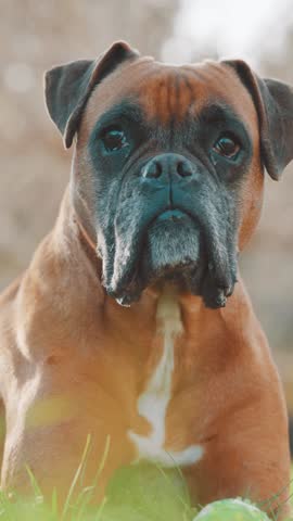 Boxer dog relaxing in garden, displaying cheerful facial expressions while looking directly at camera with friendly, playful demeanor