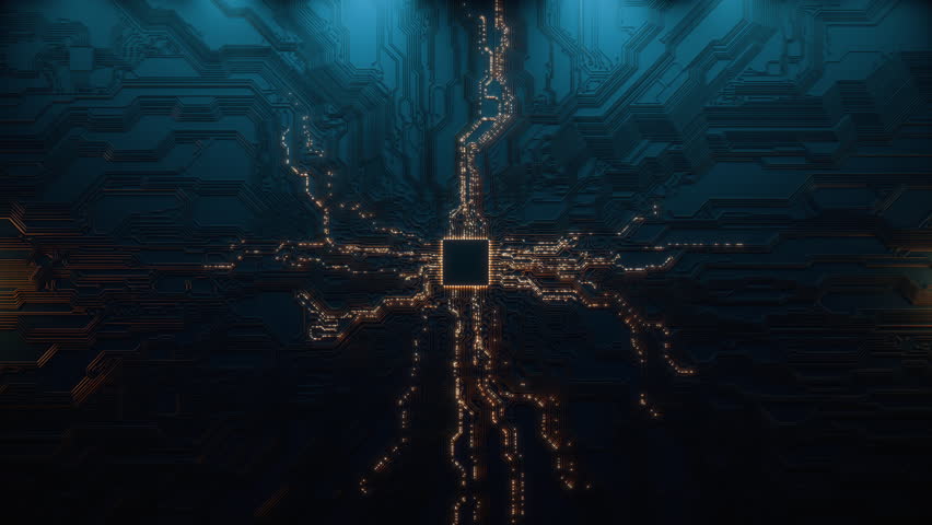 Animated current flow on circuit board. Digital technology background. Computer processor CPU concept. Digital chip on motherboard. Free copy space for text or logo. Development 3D abstract backdrop