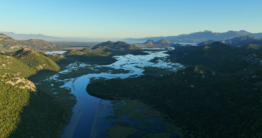 Drone shot of Lake Skadar on the border of Albania and Montenegro, Ramsar wetland, Panoramic view