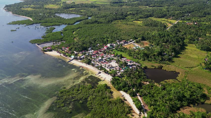 Picturesque flyover drone shot of peaceful shoreside barangay village surrounded by lush tropical island greenery - Yocti, Catanduanes, Philippines
