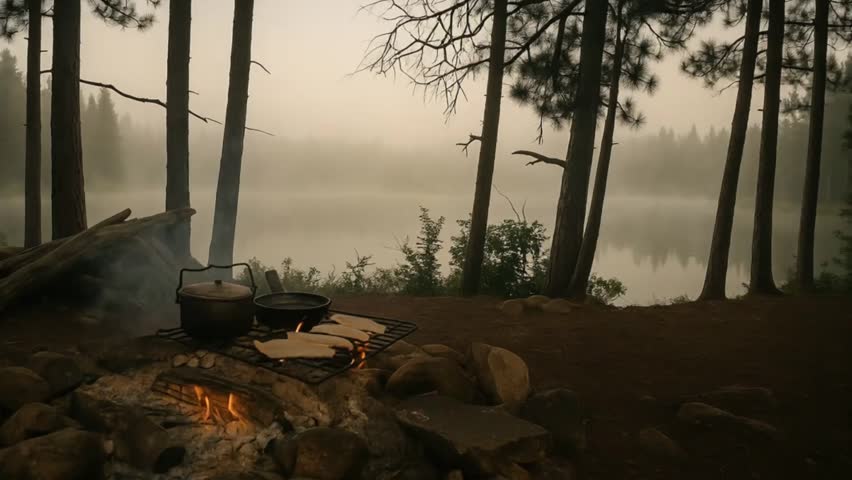 Campfire in firest by the lake in the morning