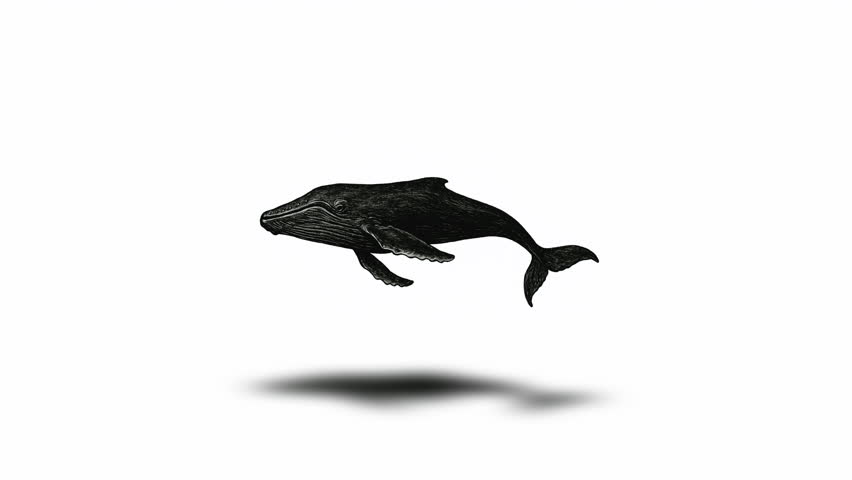 Animated engraving-style whale floating with realistic shadow on white background. Detailed black and white vintage marine illustration.