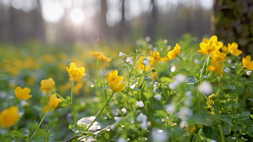 Magical spring forest with white and yellow flowers. Colorful wildflowers bloom in serene forest during early morning light. Gimbal 4K shot
