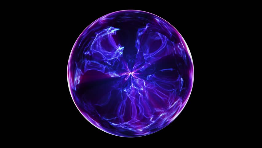 Abstract energy orb motion graphic. Colorful sphere with swirling smoke effect within. Energy dancing around glass container. Plasma Ball Slomotion. Purple color sphere VJ loop. Electric sphere,