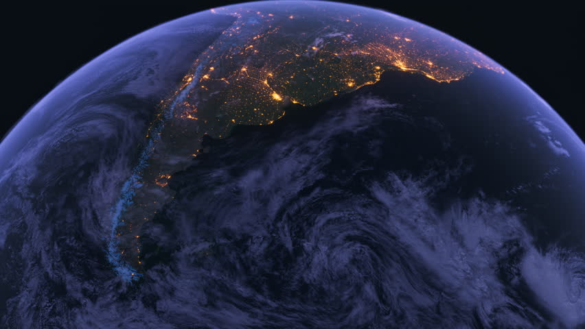Latin America from Space at Night. South America Night Map. Latin America. Argentina, Bolivia, Colombia, Paraguay, Peru, Uruguay, Chile, Ecuador, Brazil. Night City Map and Lights. Earth From Space Or