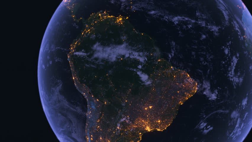 Latin America from Space at Night. South America Night Map. Latin America. Argentina, Bolivia, Colombia, Paraguay, Peru, Uruguay, Chile, Ecuador, Brazil. Night City Map and Lights. Earth From Space Or