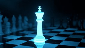Chessboard strategy planning and leadership concept featuring a glowing white king chess piece standing on a chessboard with other out-of-focus chess pieces in the background. 3D Illustration - Powered by Shutterstock - Get 15% off with code: PIKWIZARD15