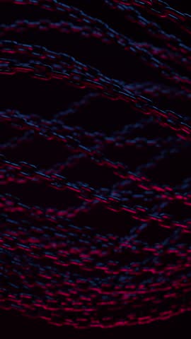 4K Abstract background with tangled chains. Shiny metallic texture, fashion intro. Neon flashes of light. Technology cyberspace. 3d animation