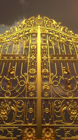 Golden gate to heaven. The gate opens against the background of a colorful sky. Forward movement. 3D Video Animation 4K